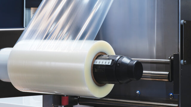 A machine with a roll of polyethylene plastic film on it.  machine is in a factory. industrial food packaging concept background