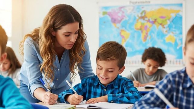 Teacher assisting young student with schoolwork in a classroom with other children