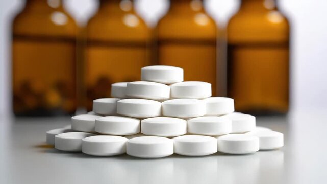 White pills falling and stacking into a pyramid in front of amber glass bottles
