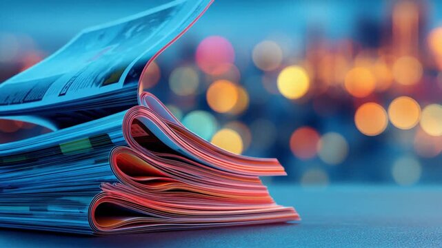 Stack of colorful paper with bokeh background, featuring a blurred city with lights