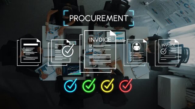 Collaborative Office Meeting on Procurement Strategy with Invoice Documents and Checklist Icons in a Modern Workspace Gluon.