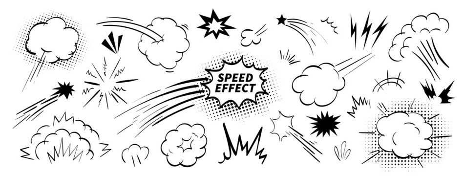 Superhero comic explosion effect vector kit contains speed lines, burst smoke, impact frame. Pop cartoon element bundle for animation, doodle air effect. Explosive comic speed line kit.