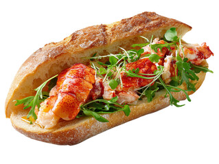 A close-up shot of a delicious lobster sandwich on a fresh baguette, showcasing the succulent lobster meat and fresh greens Isolated Transparent Background, PNG
