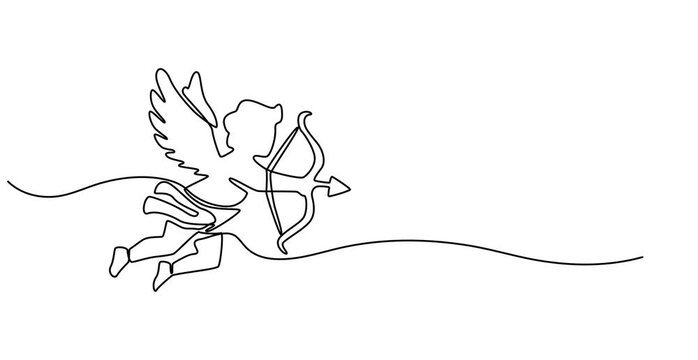 Animated self drawing of Cupid with bow and arrow continuous line drawing.  One line art of love, relationship, lovers, wings, fly, feelings, angel, cupid, protector of lovers, symbolism, valentine.