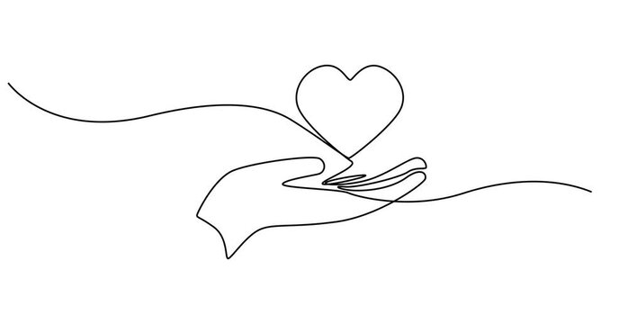 Hands hold heart continuous one line drawing animation video. Charity donation linear concept animation, Animated self drawing of continuous line draw of hands holding heart. Concept of love relations