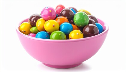 Pink bowl with raised multicolored candy dots filled with vibrant candy-coated chocolates on white surface