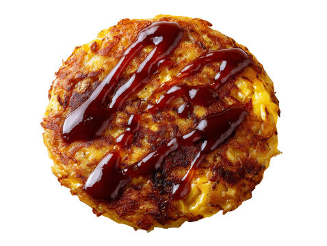 A delicious okonomiyaki pancake drizzled with a rich sauce, ready to eat Isolated Transparent Background, PNG