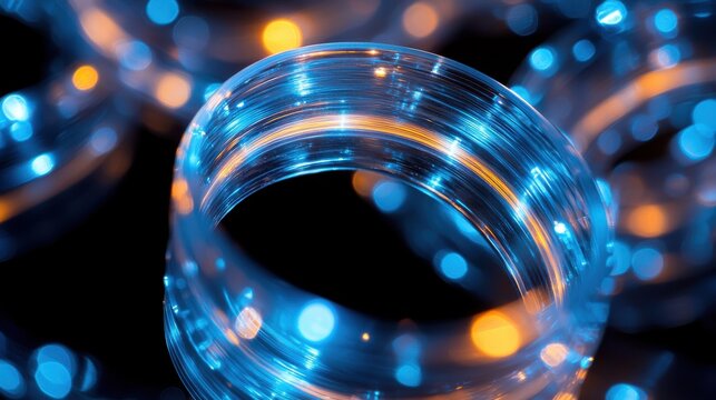 Fiber path detail circular fiber optic bundle curved light transmission blue orange bokeh effect dark background network technology