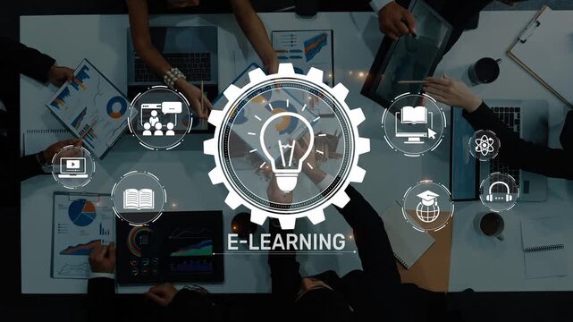 A dynamic e-learning setup highlights collaboration through digital tools and analysis, showcasing modern education trends, teamwork, and strategic development. Raster