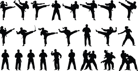 Martial arts silhouette set of karate and taekwondo fighters performing kicks, punches, and combat poses for sports training, dojo fitness, and competition vector illustration. © Makhon