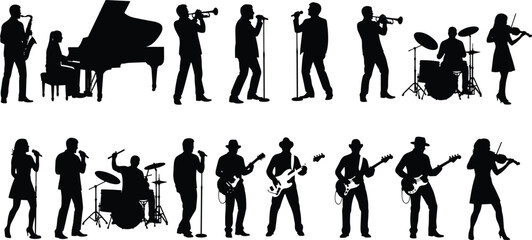 Musical band silhouette set of performers playing guitar, piano, drums, and saxophone for live concert, jazz club, music festival, and entertainment vector illustration © Makhon