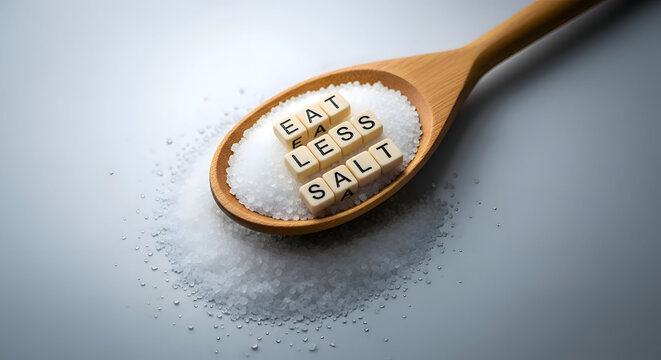 Wooden spoon with 'eat less salt' message in salt crystals on gray surface