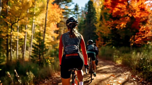 Cardio sports cycling biking exercise, healthy lifestyle. A group of cyclists riding down a dirt road surrounded by a vibrant fall forest. The cyclists are wearing helmets, gloves.