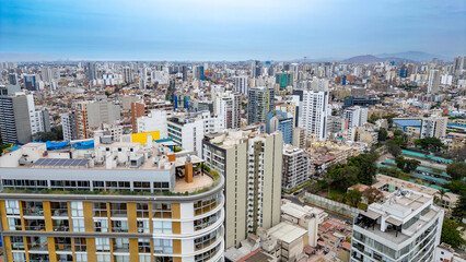 Drone photograph of urban landscape in Jes&uacute;s Mar&iacute;a, Lima with blue sky.