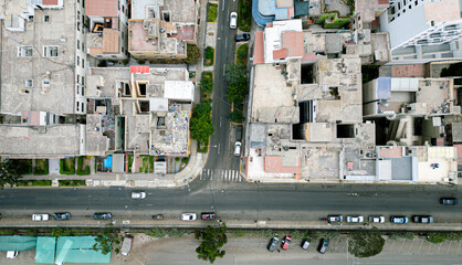 Overhead view of a classic city street in Lince, Lima, Peru on a peaceful summer day.
