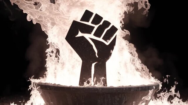 A silhouette of a raised fist engulfed in flames within a stone bowl against a dark background