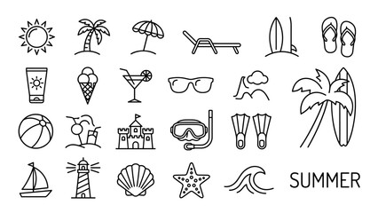 Obraz premium Vector Set of Summer Beach Holiday Line Icons Featuring Sun, Palm Tree, Umbrella, Deck Chair, Surfboard, Flip-flops, Sunscreen, Ice Cream, Cocktail, Sunglasses, Sandcastle, Snorkel, and Sailboat.