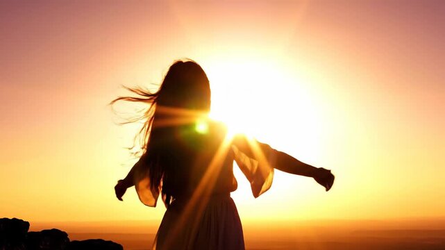 Woman arms outstretched embracing sunrise on mountain top, freedom, joy, new beginnings