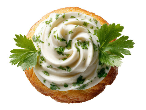 A delicious toast topped with a swirl of creamy cheese and fresh parsley. A close-up view of a gourmet snack or appetizer Isolated Transparent Background, PNG