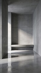 Minimalist concrete interior with dramatic shadows and natural light creating a serene atmosphere
