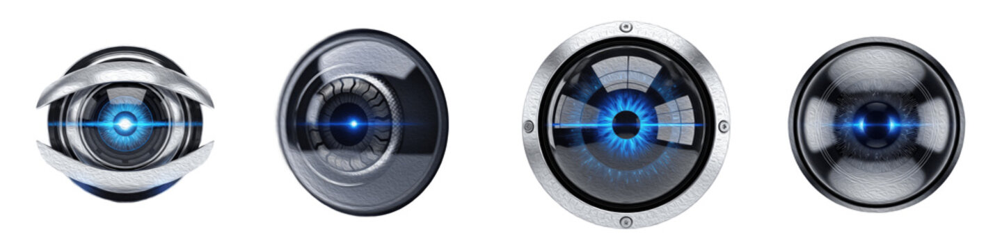 Set of futuristic spherical robot eyes with glowing blue light sensors isolated on transparent background