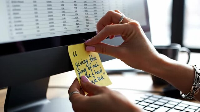 Woman attaches sticky note with quote to computer monitor, working at desk