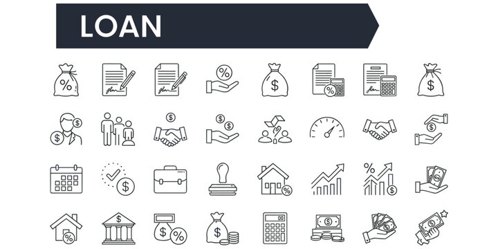 Loan Finance Business Icons Set On White Background Keywords: loan, finance, business, icons, set, money, bag, percentage