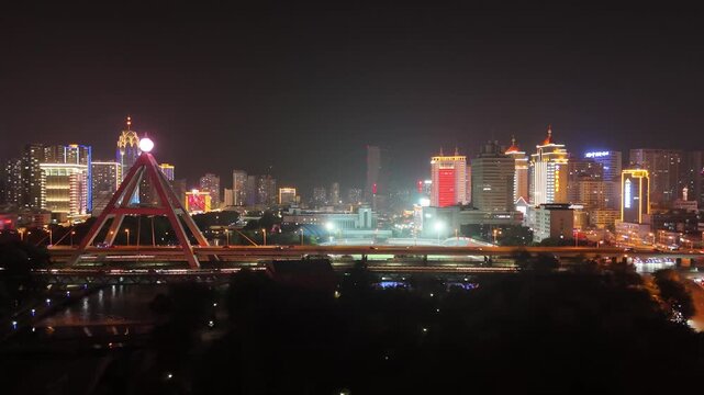 Xining City Center Aerial Night Photography with Illuminated Skyline