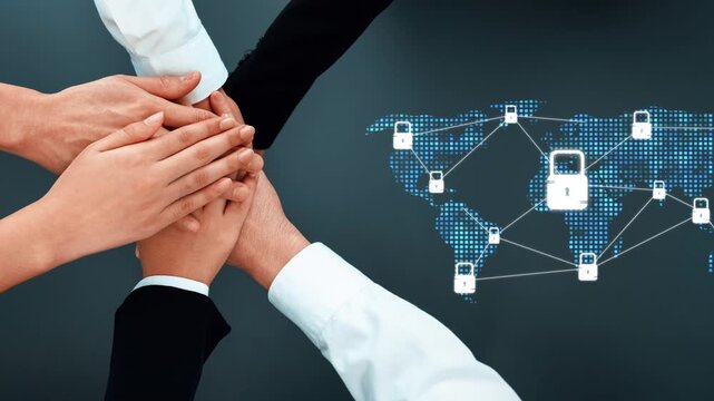 Hands unite over a digital world map featuring lock icons, symbolizing collaboration in cybersecurity, global connections, and the importance of teamwork. Raster