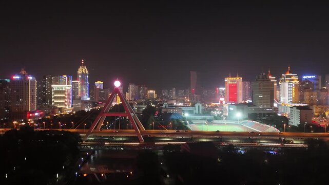Xining City Night Skyline with Red Bridge - Aerial Urban Photography
