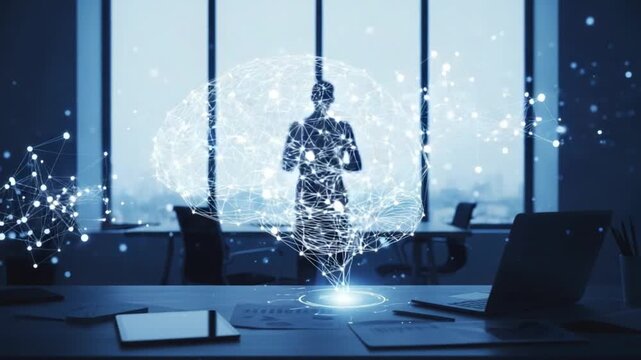 Human silhouette with glowing brain network in office environment approximately 160 chars