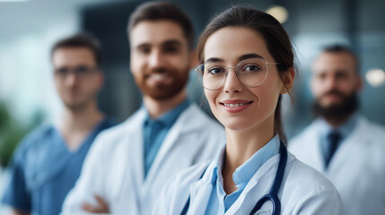 Fototapeta premium Portrait of faceless group of doctors smiling, defocused clinical background, medical team unity, healthcare professionals, collaborative workforce, with copy space