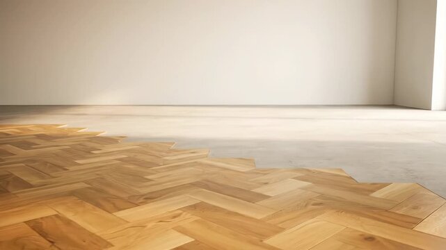 Wooden herringbone flooring is being installed in a bright, empty room. This process symbolizes renovation, new beginnings, and home improvement.
