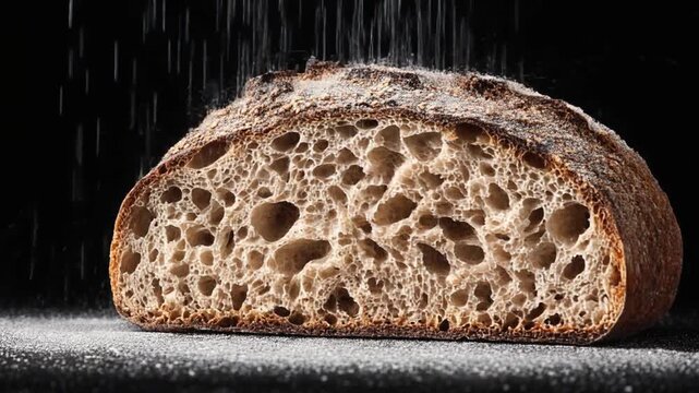 A sliced loaf of bread, showing a porous interior and crust. Sugar/flour falls on the bread