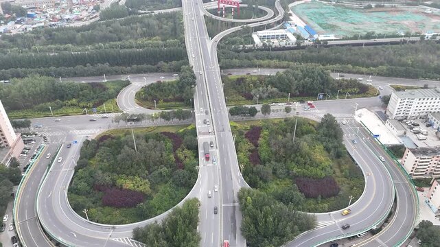 Chaoyang Interchange Xining China - Aerial Highway Traffic View