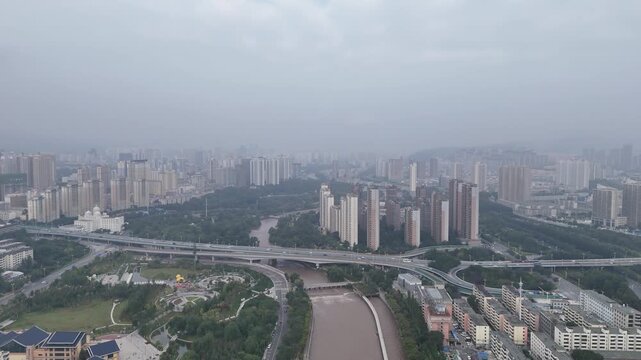Xining City Interchange and Urban Skyline, China