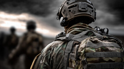 Obraz premium Close-up soldiers' tactical gear, straps pouches and modern helmets, defocused mounted optics and precise formation background, moody sky atmosphere, military equipment detail,