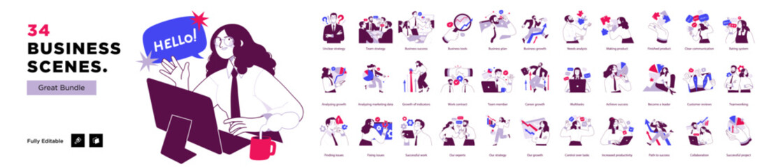 Large flat illustration bundle showing multiple business scenes including communication, strategy, teamwork, analytics, growth, and customer interaction concepts.