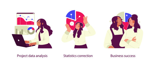Fototapeta premium Flat business illustration showing project data analysis, statistics correction, and business success through accurate insights, teamwork, and data driven decisions.