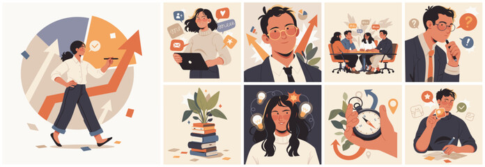 Stylized illustration illustration set showing personal growth, productivity, decision making, teamwork, learning, and business progress through modern lifestyle scenes.