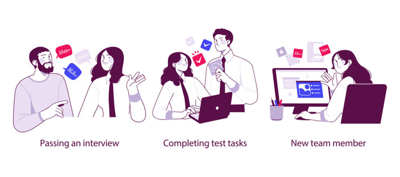 Flat outline illustration depicting key stages of hiring: passing an interview, completing test tasks, and joining a company as a new team member. Represents recruitment, evaluation, and onboarding in