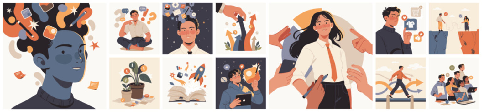Stylized illustration set showing creative mindset, learning, productivity, collaboration, self improvement, and modern personal development through expressive visual storytelling.