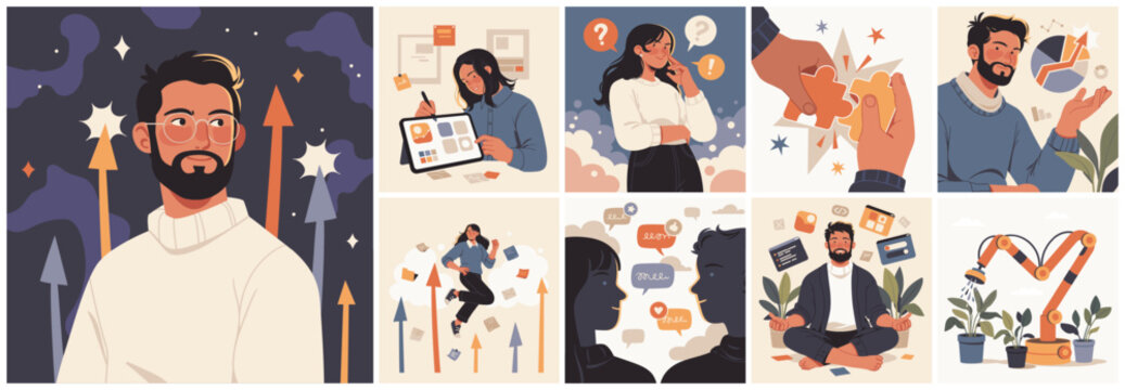 Stylized illustration set showing problem solving, creativity, collaboration, personal growth, learning, and business progress through modern visual storytelling scenes.