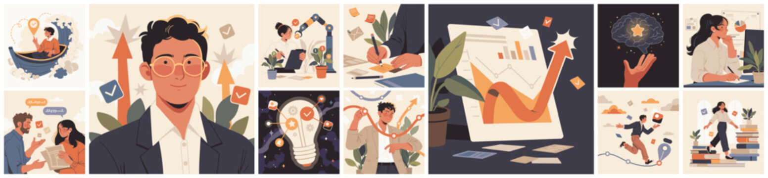 Stylized illustration set showing business growth, innovation, creativity, analytics, teamwork, and personal development with modern professional and startup concepts.