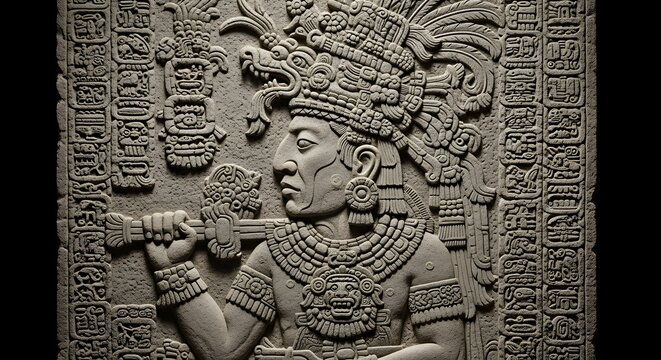 Ancient Mayan Stone Relief Sculpture King Ruler Glyphs Panel