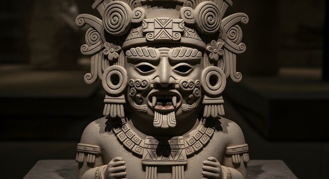 Ancient Mesoamerican Stone Bust Sculpture Dark Museum Display
