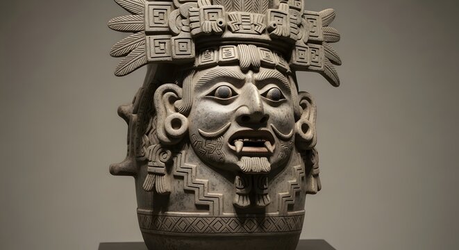 Ancient Mesoamerican Stone Idol Fierce Head Sculpture Detail