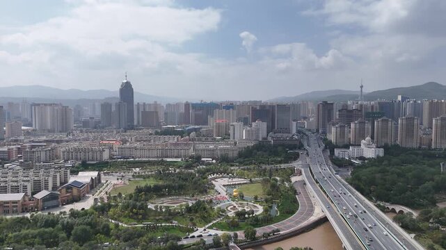 Xining City Aerial View with Highway Interchange and Chaoyang District Skyline