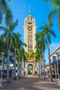 Honolulu, HI &mdash; November 29, 2024; The historic Aloha Tower rising above palm-lined walkways on Honolulu Harbor, a long-standing symbol of Hawaii&rsquo;s maritime heritage.