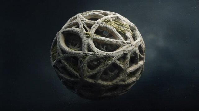 A spherical, openwork object with moss against a starry backdrop